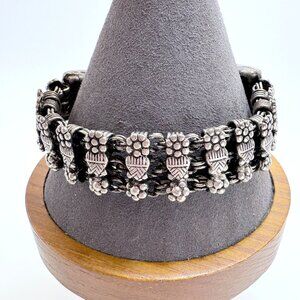 VTG Sterling Silver 925 Heart Flower Design Vintage Link Bracelet Hook Clasp 8"